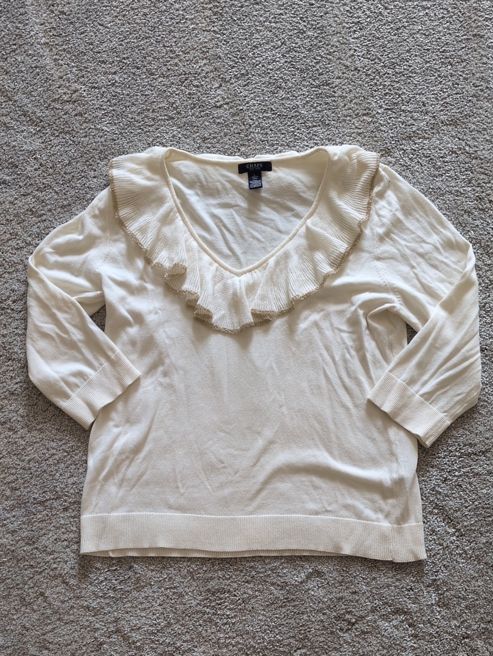 NWOT Chaps Cream And Gold Ruffle Sweater Size Large